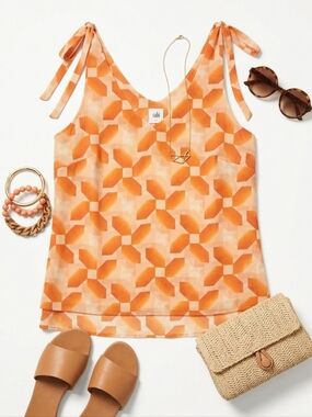 Cabi Orange Floral Geometric Faux Tie Strap Flowy Tank Top Blouse